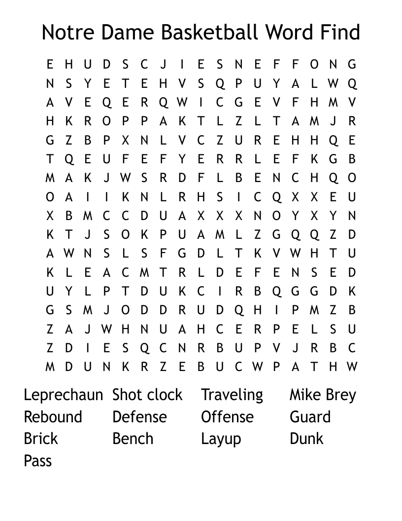 Notre Dame Basketball Word Find Word Search
