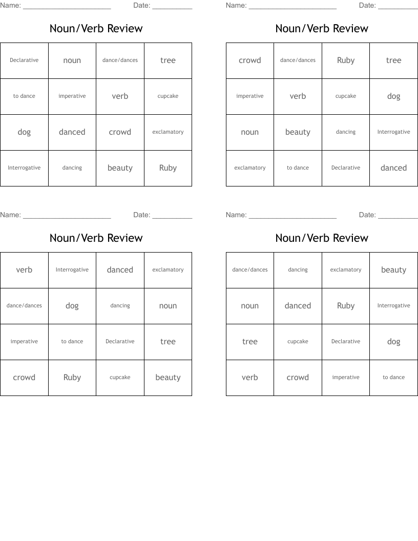 Noun/Verb Review Bingo Cards