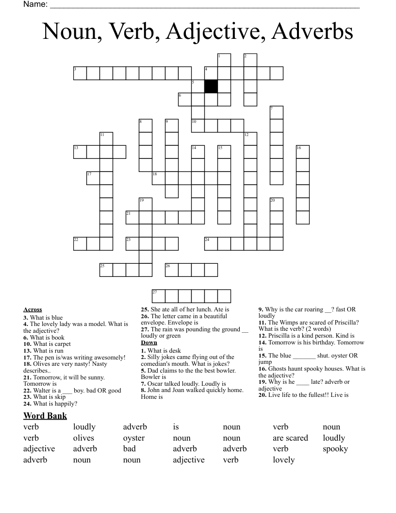 Noun, Verb, Adjective, Adverbs Crossword