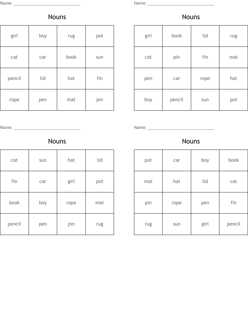 Nouns Bingo Cards