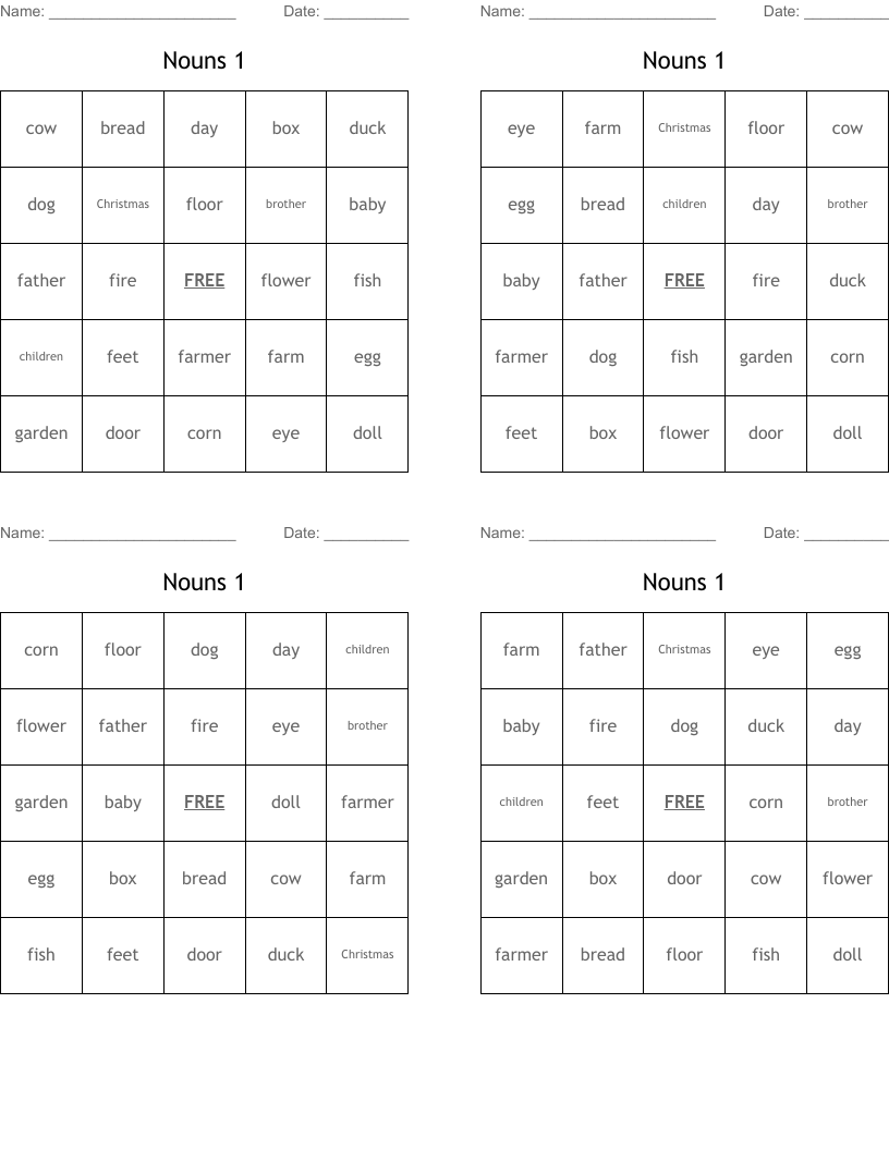 Nouns 1 Bingo Cards