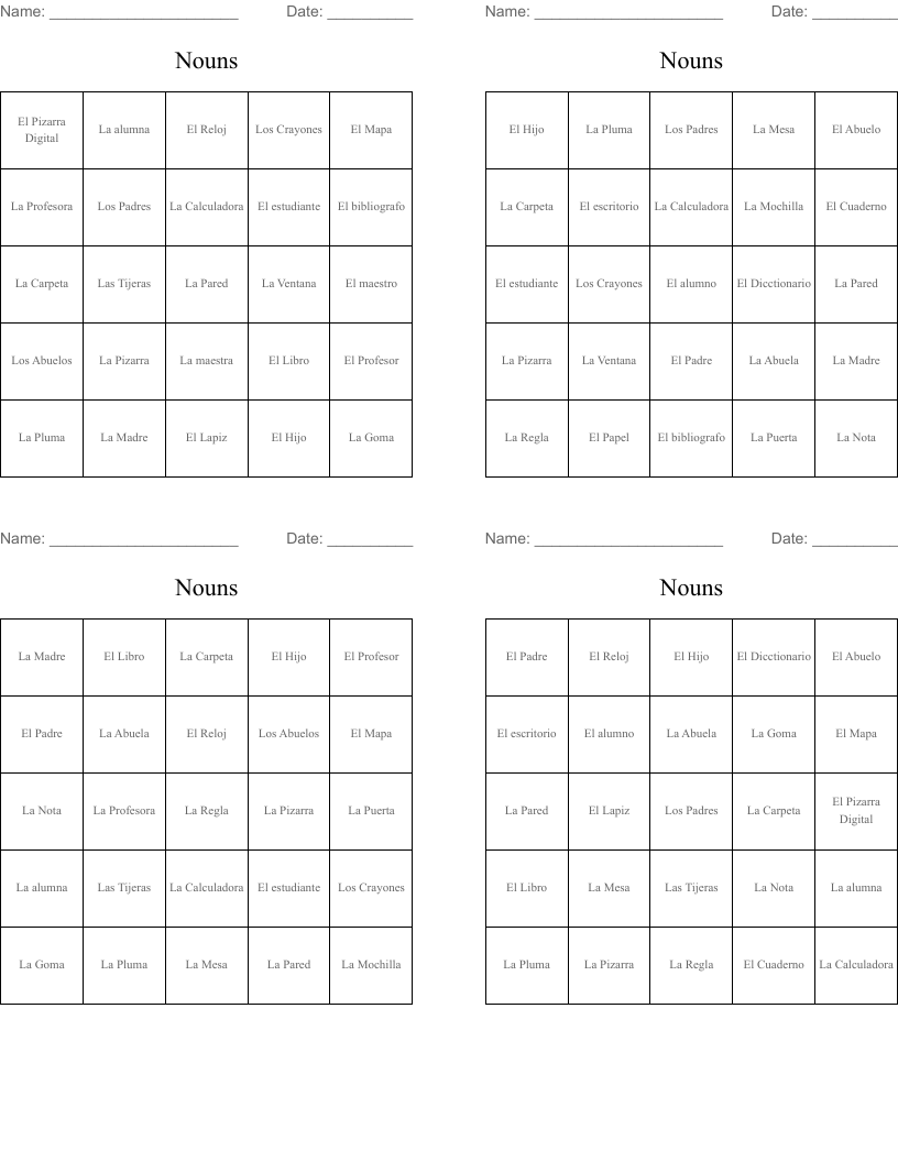 Nouns Bingo Cards