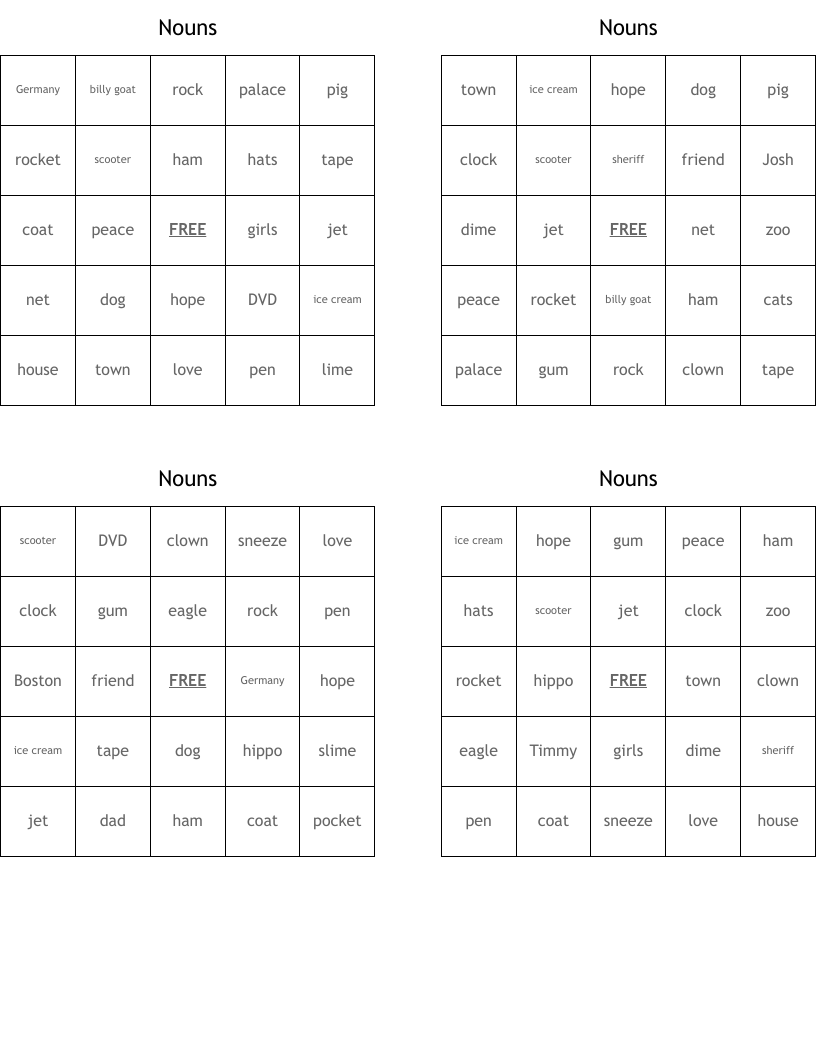 Nouns Bingo Cards