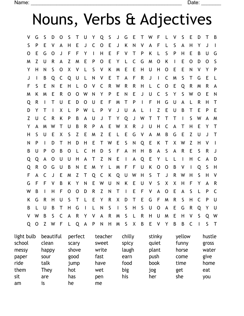 Nouns, Verbs & Adjectives Word Search