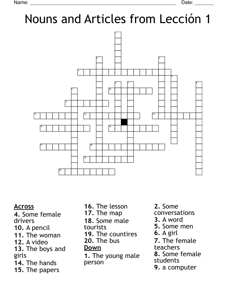 Nouns and Articles from Lección 1 Crossword