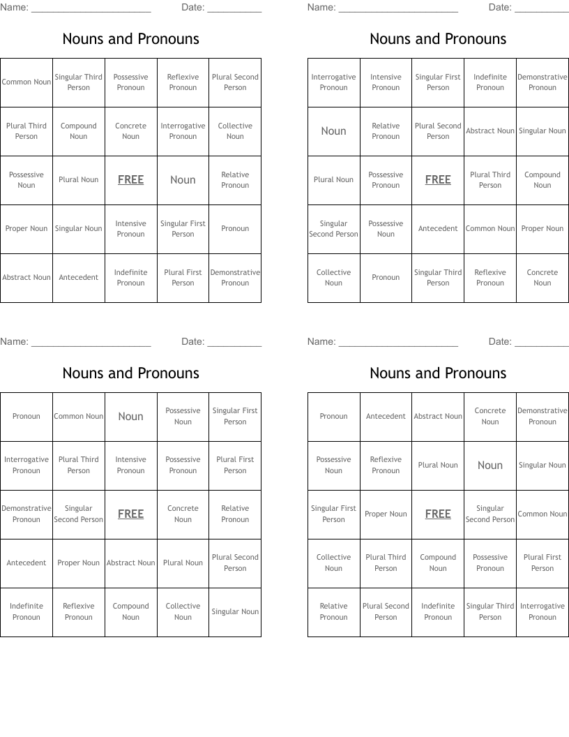 Nouns and Pronouns Bingo Cards