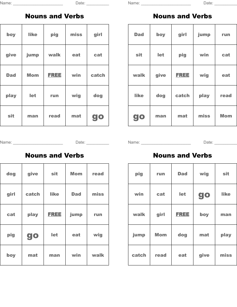 Nouns and Verbs Bingo Cards