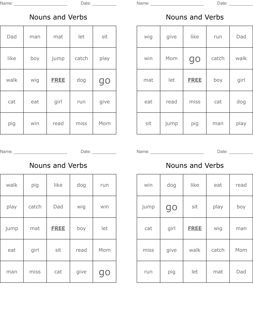 Nouns and Verbs Bingo Cards