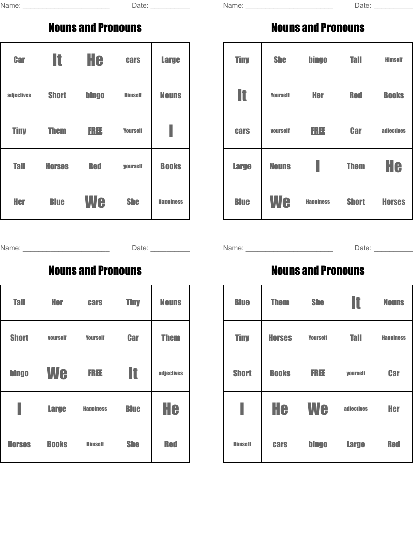 Nouns and  Pronouns Bingo Cards