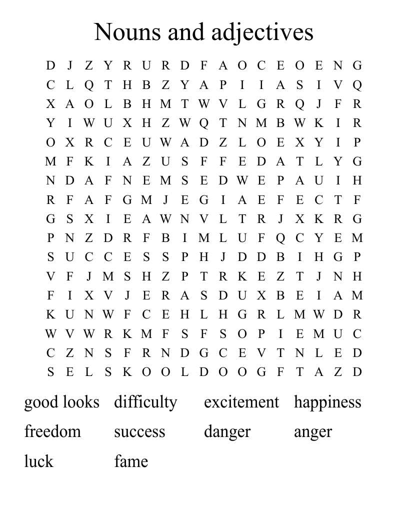 Nouns and adjectives Word Search