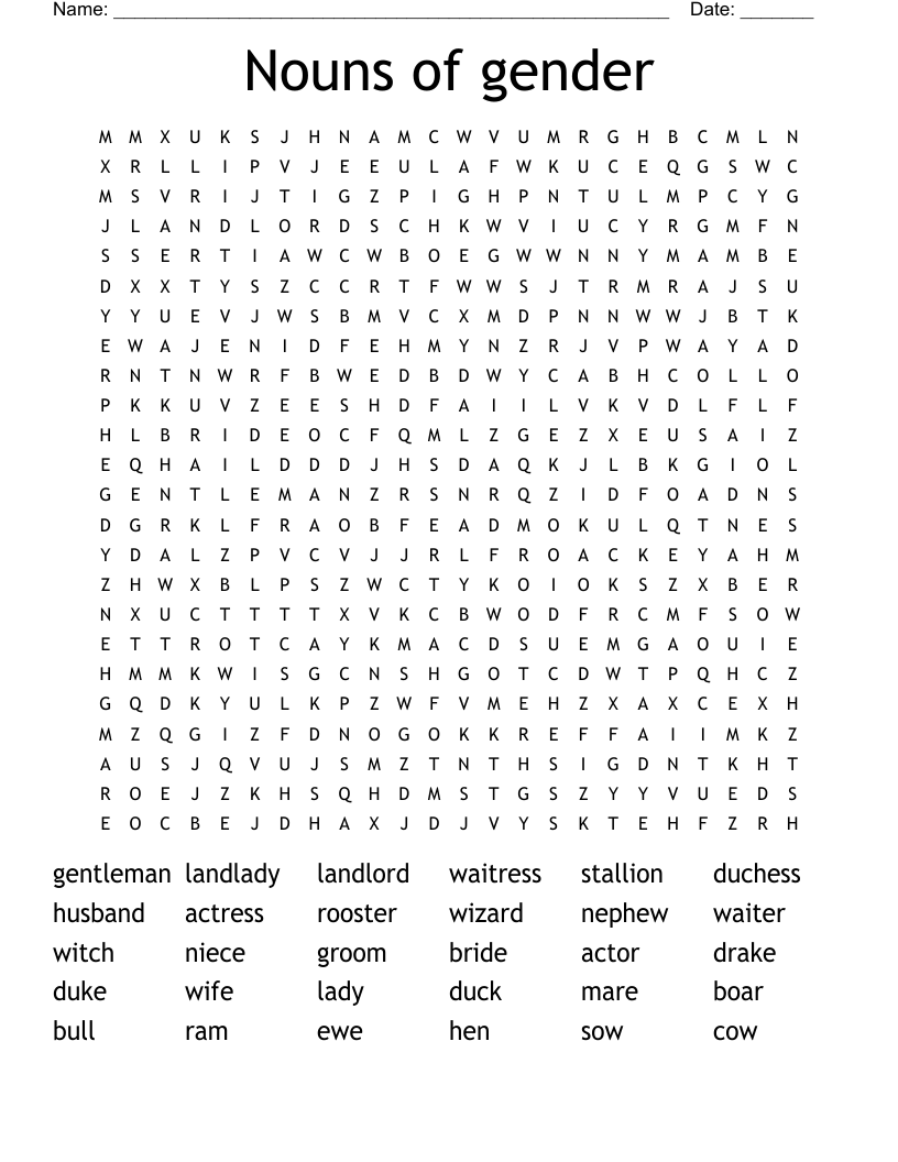 Nouns of gender Word Search