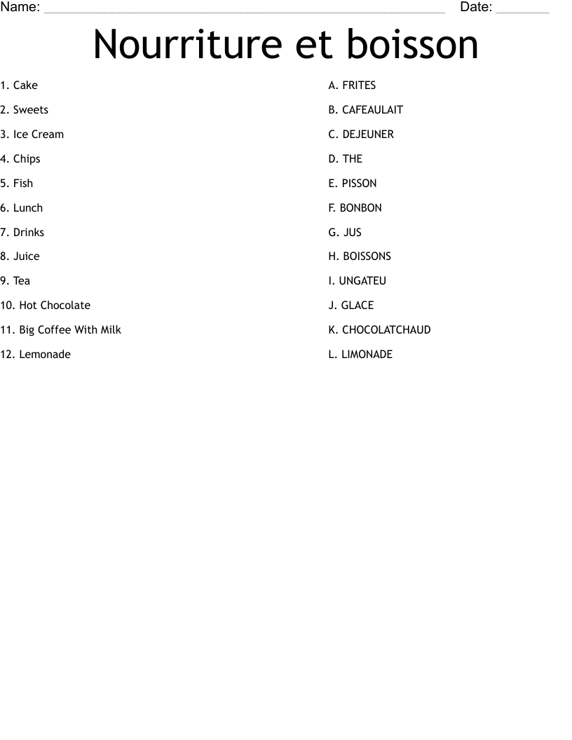 Nourriture et boisson Worksheet
