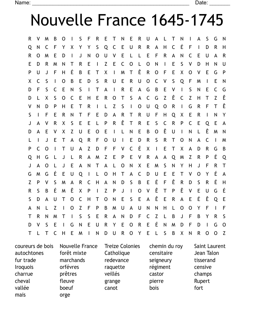 Nouvelle France 1645-1745 Word Search