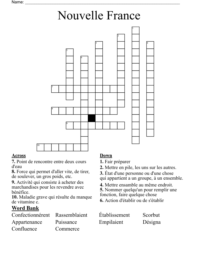 Nouvelle France Crossword