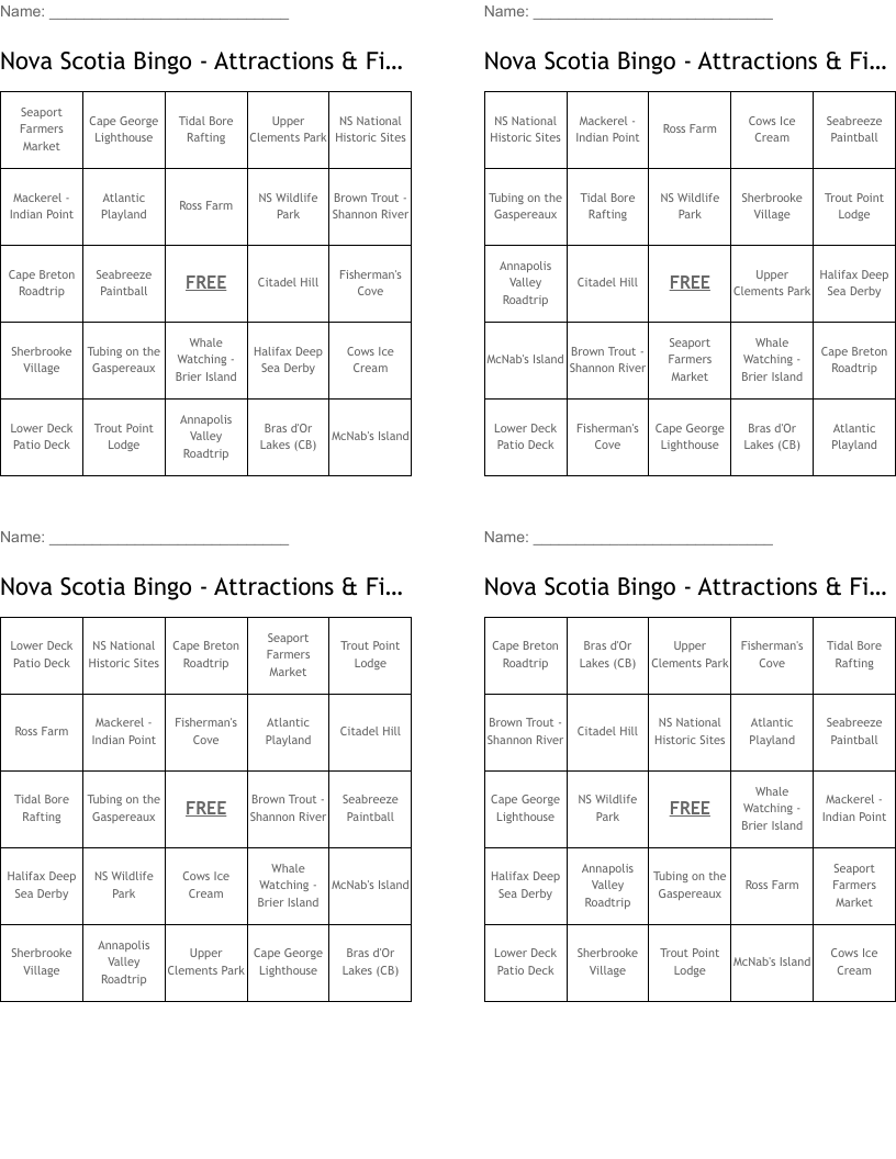 Nova Scotia Bingo - Attractions & Fishing