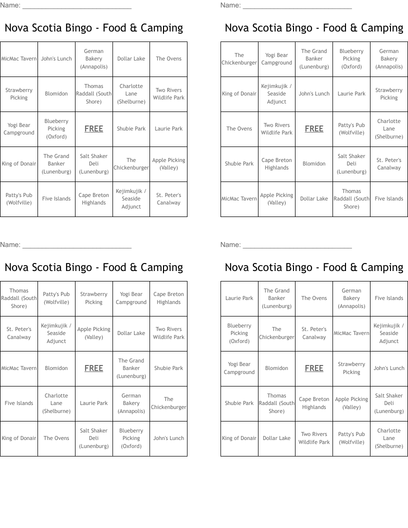 Nova Scotia Bingo - Food & Camping