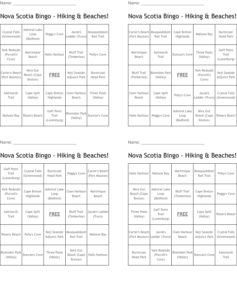 Nova Scotia Bingo - Hiking & Beaches!