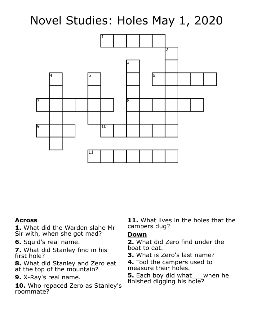 Novel Studies: Holes   May 1, 2020 Crossword