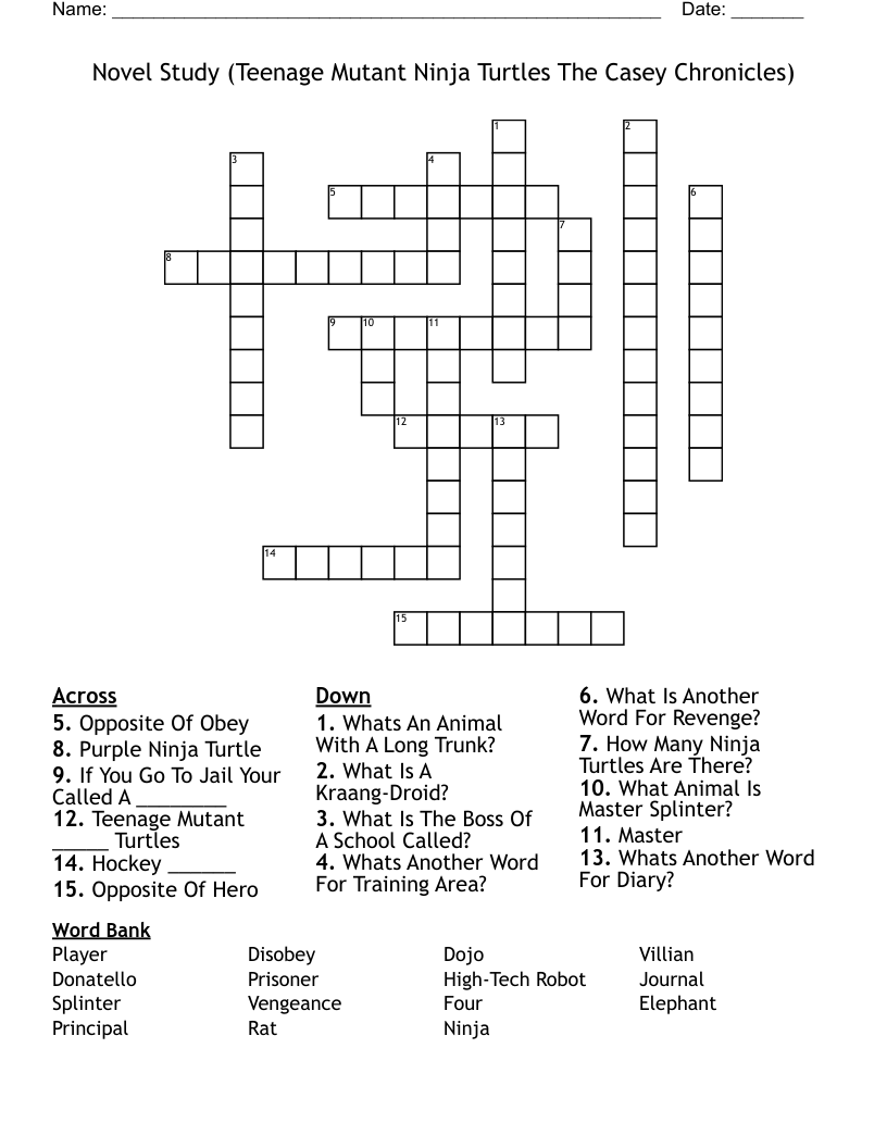 Novel Study (Teenage Mutant Ninja Turtles The Casey Chronicles) Crossword