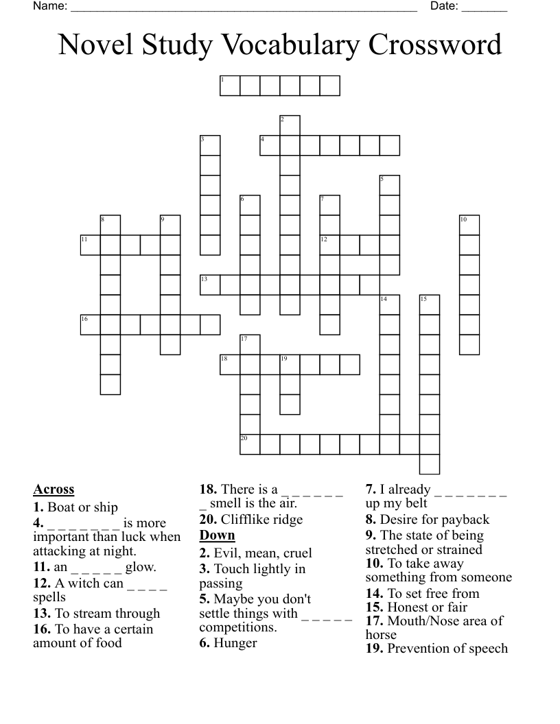 Novel Study Vocabulary Crossword