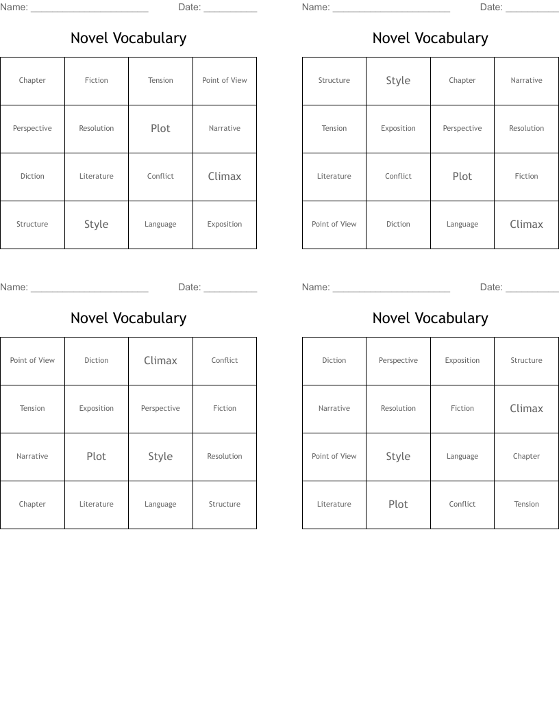 Novel Vocabulary Bingo Cards