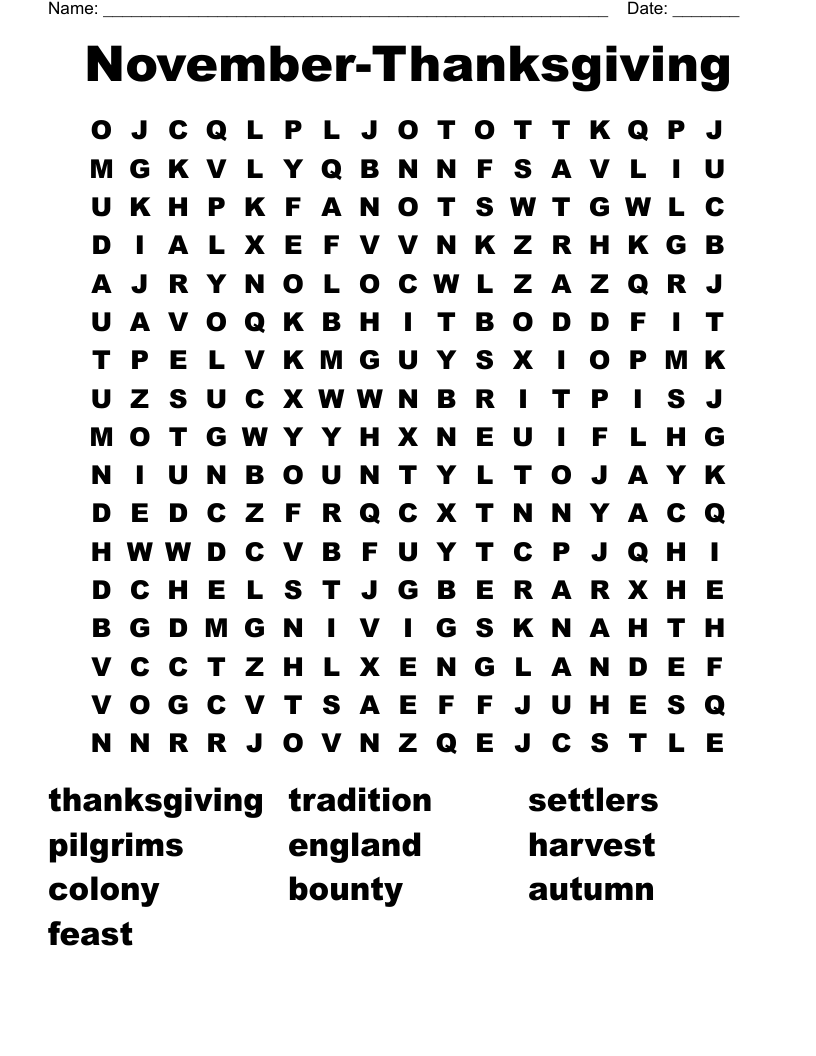 November-Thanksgiving Word Search