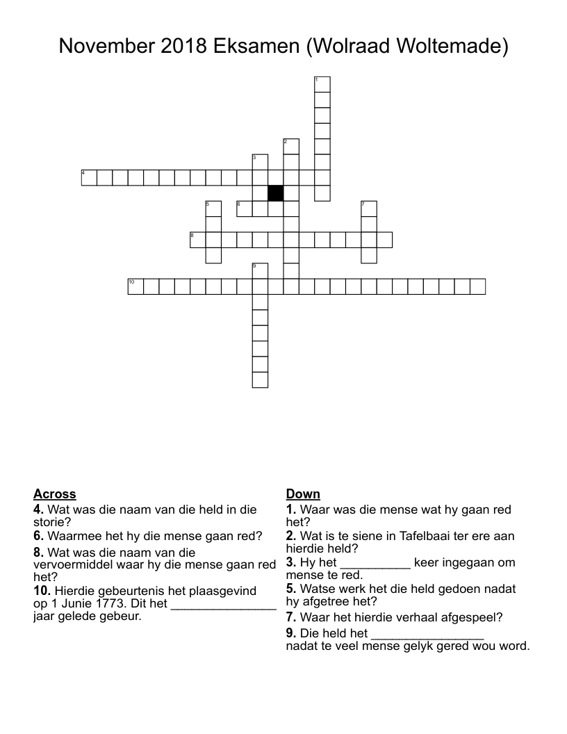 November 2018 Eksamen (Wolraad Woltemade) Crossword