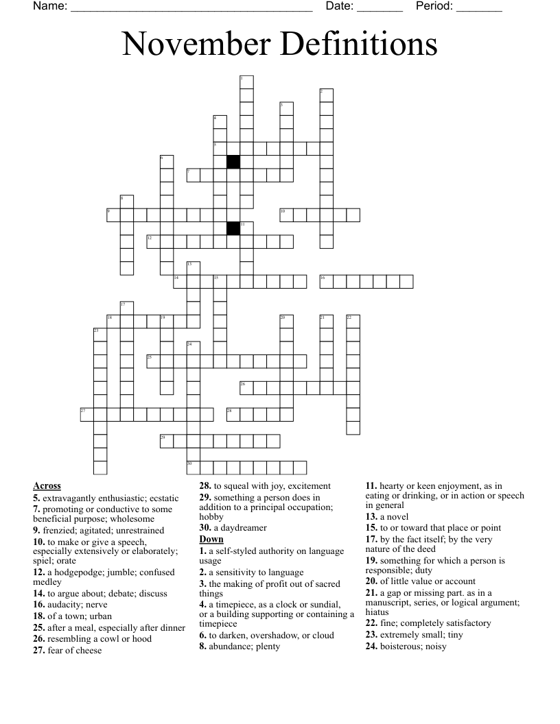 November Definitions Crossword