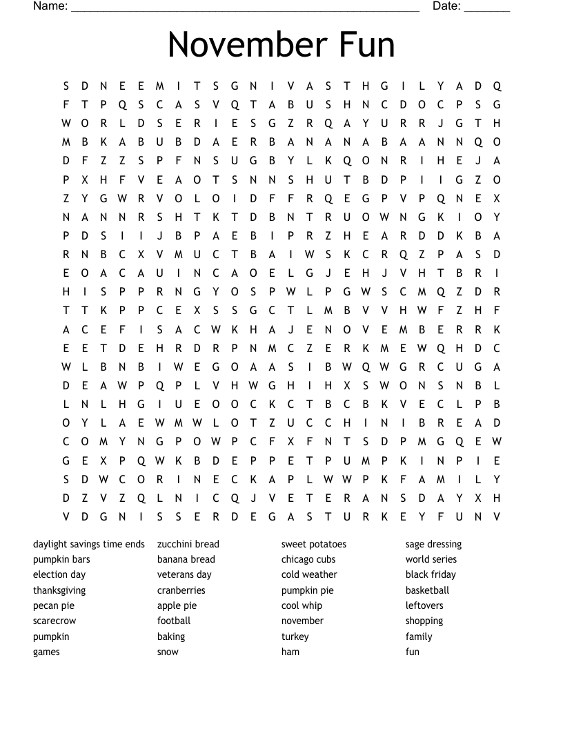 November Fun Word Search