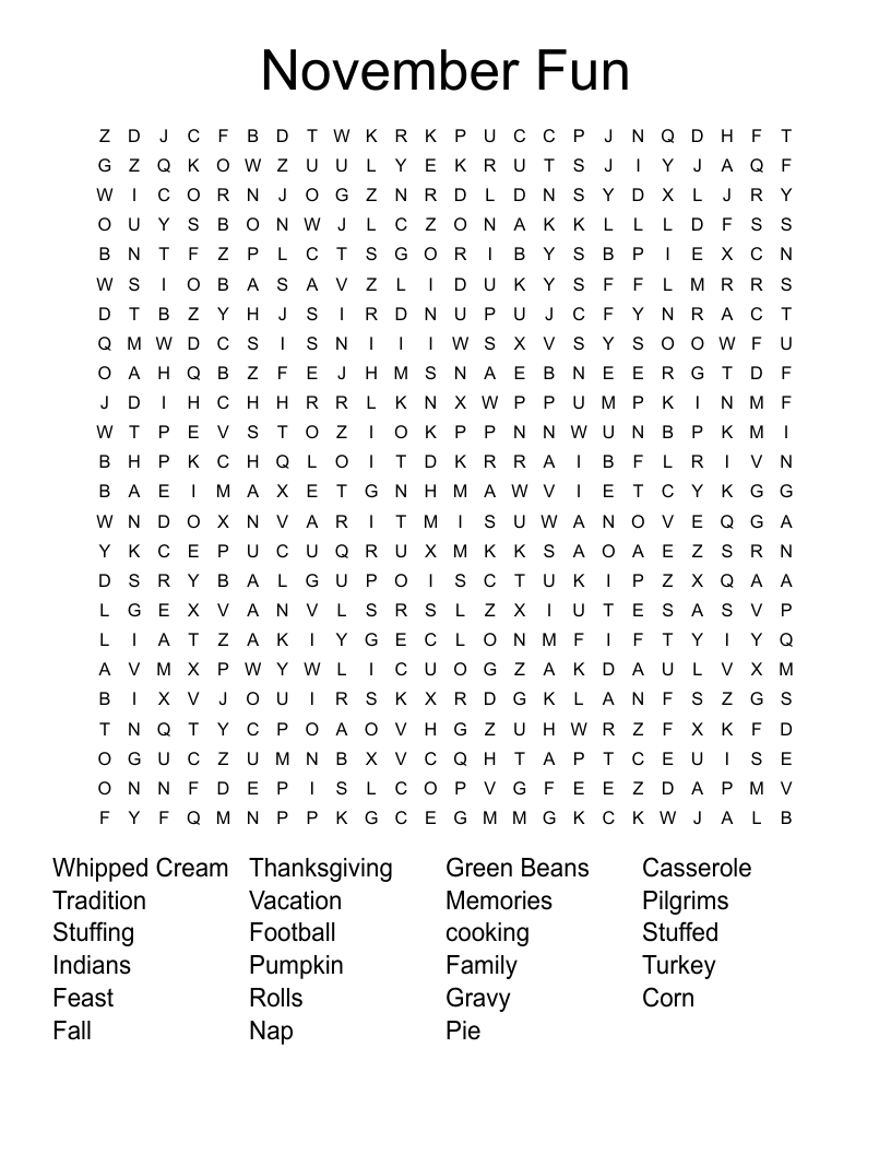 November Fun  Word Search