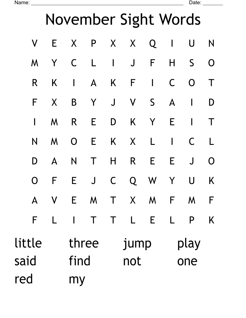 November Sight Words Word Search