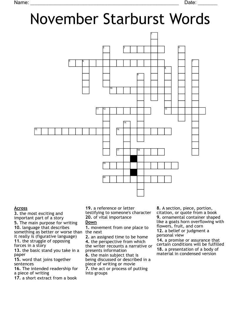 November Starburst Words Crossword