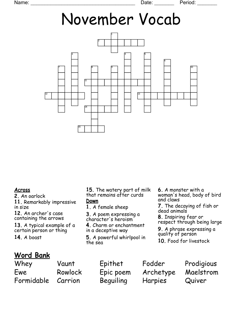 November Vocab Crossword