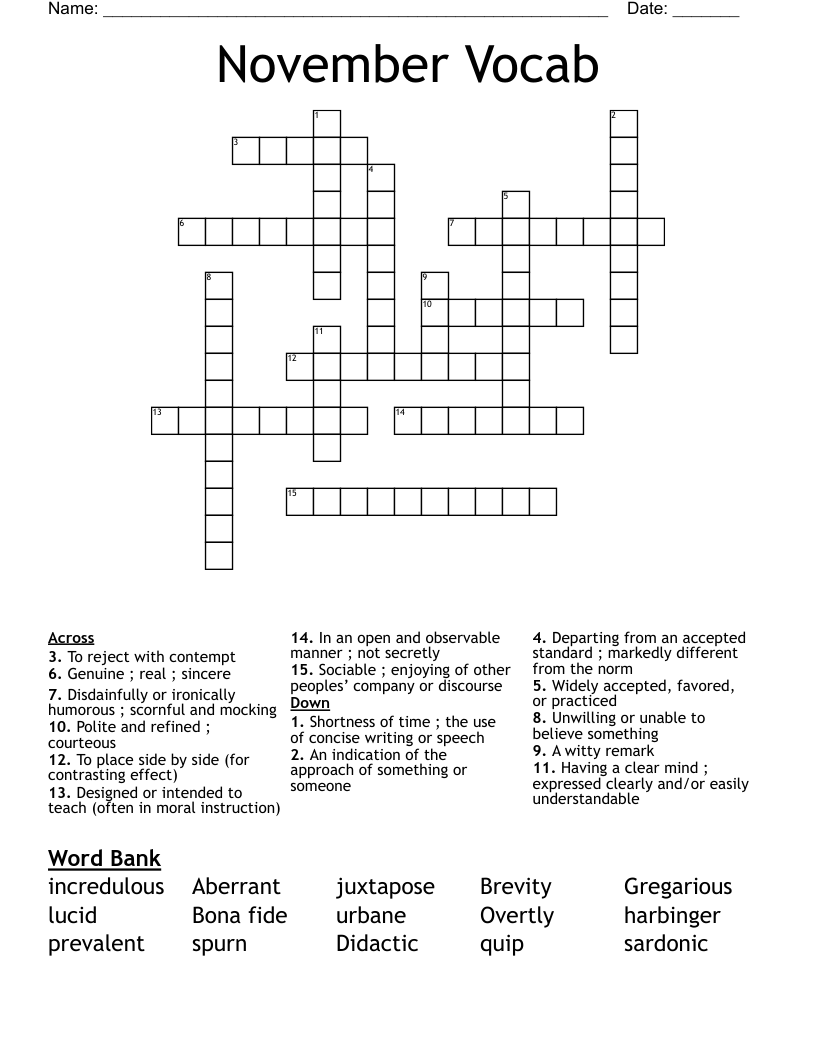 November Vocab Crossword