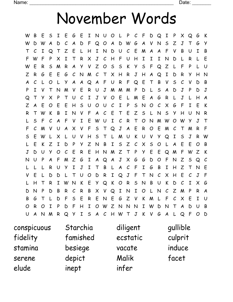 November Words Word Search