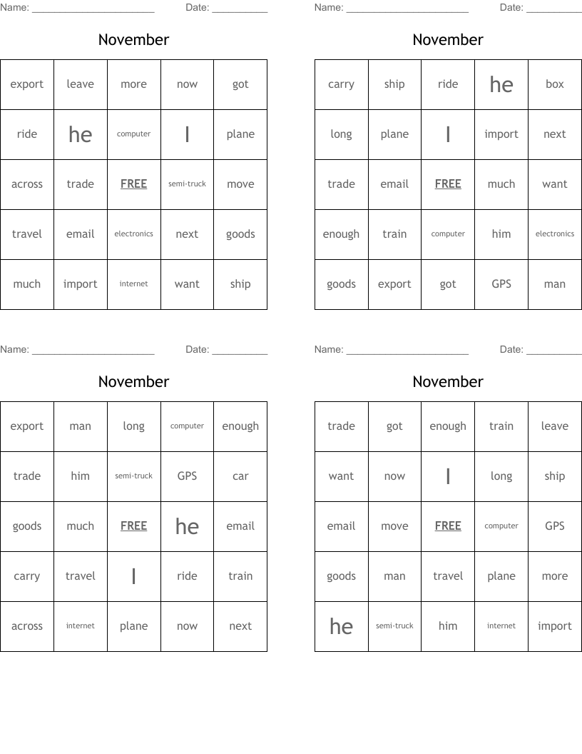 November  Bingo Cards
