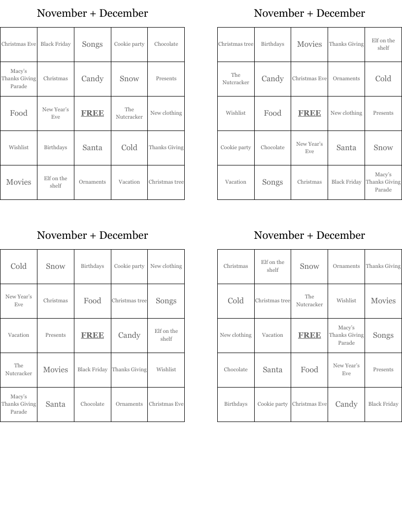 November + December  Bingo Cards