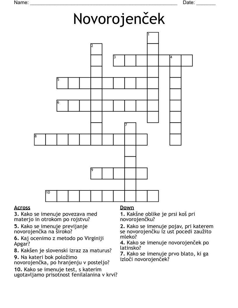 Novorojenček Crossword
