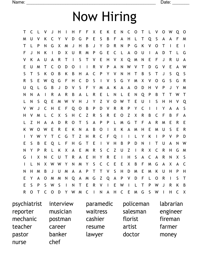 Now Hiring Word Search