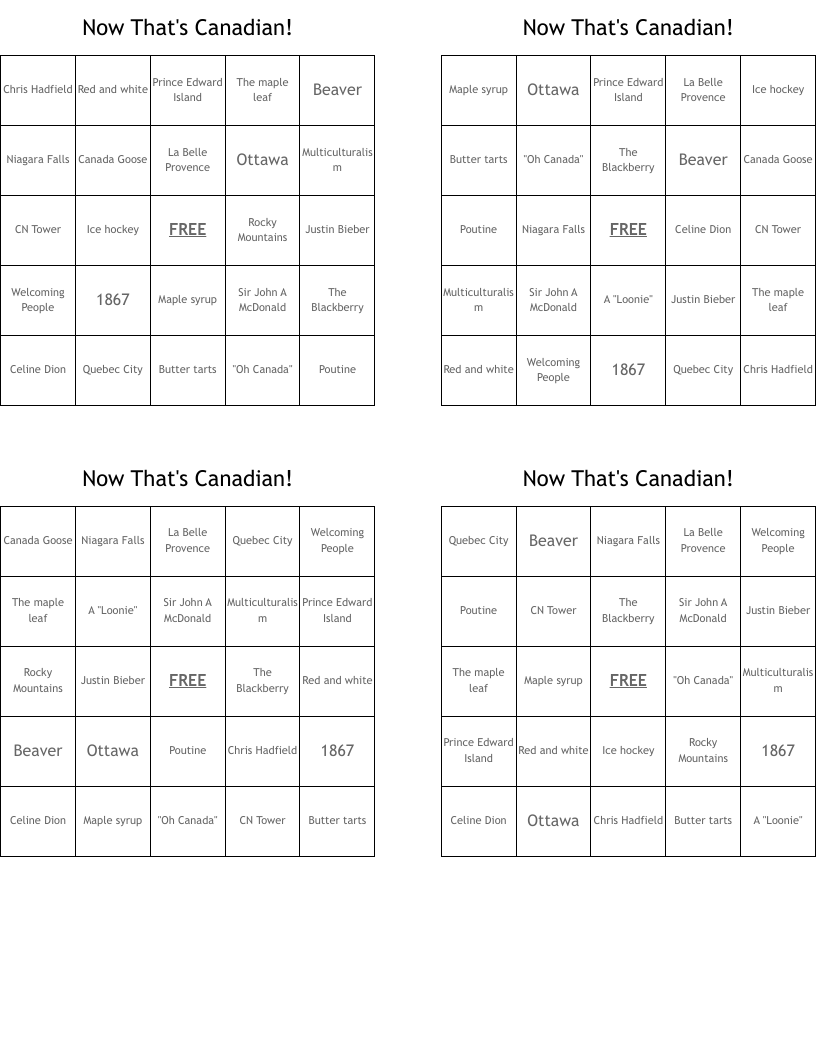 Now That's Canadian! Bingo Cards