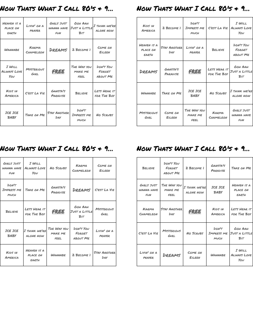 Now Thats What I Call 80's & 90's  Bingo Cards