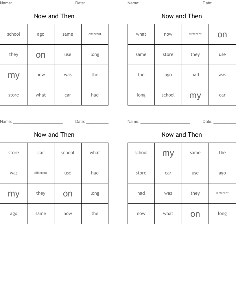Now and Then Bingo Cards