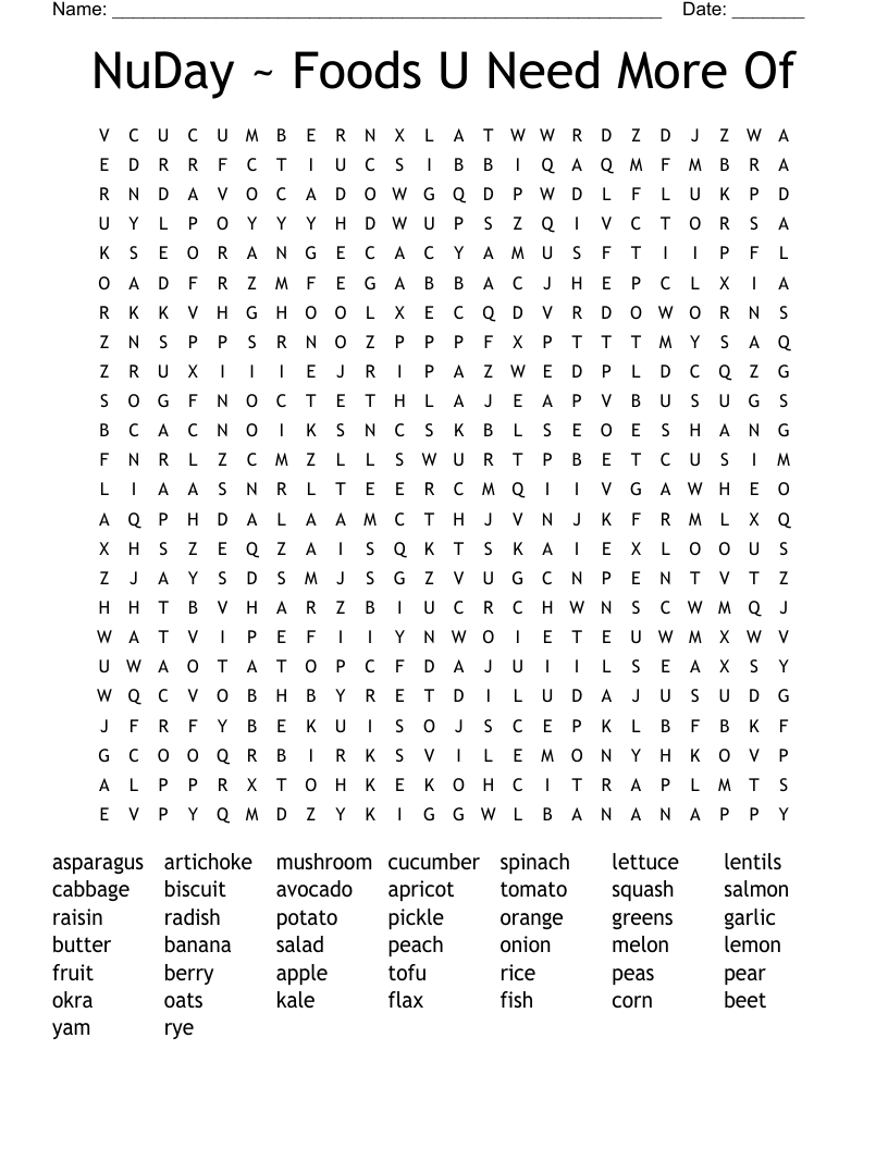 NuDay ~ Foods U Need More Of Word Search