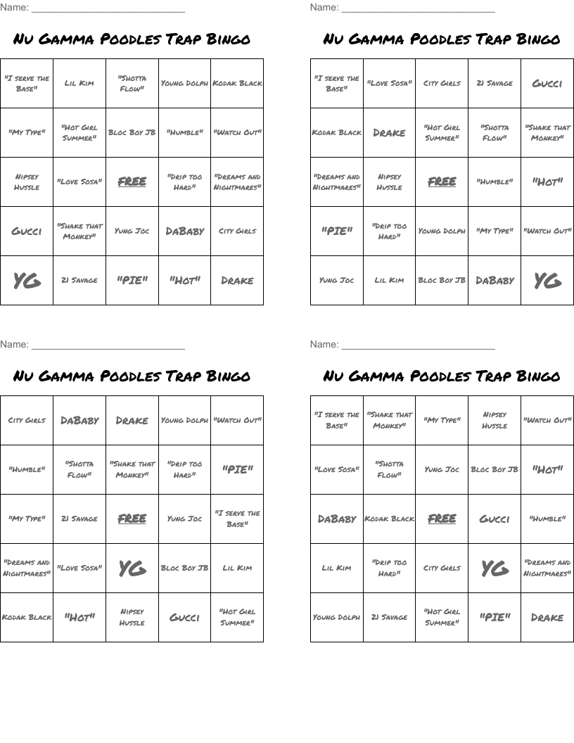 Nu Gamma Poodles Trap Bingo