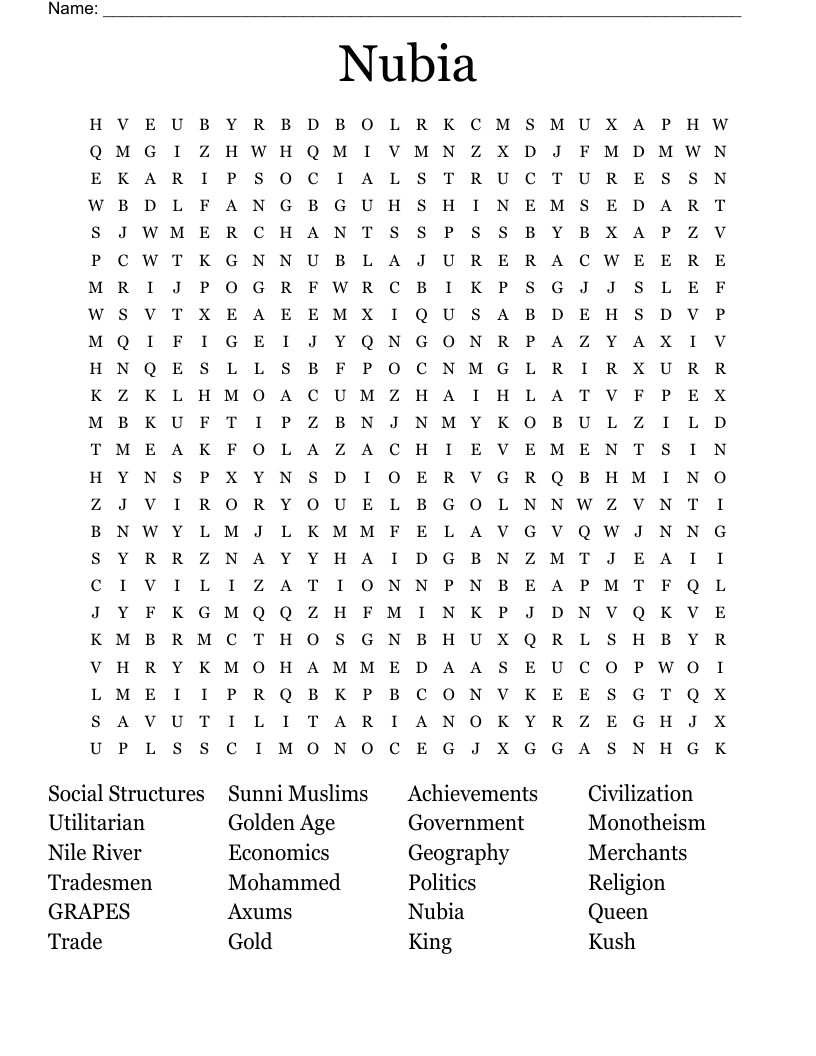 Nubia Word Search
