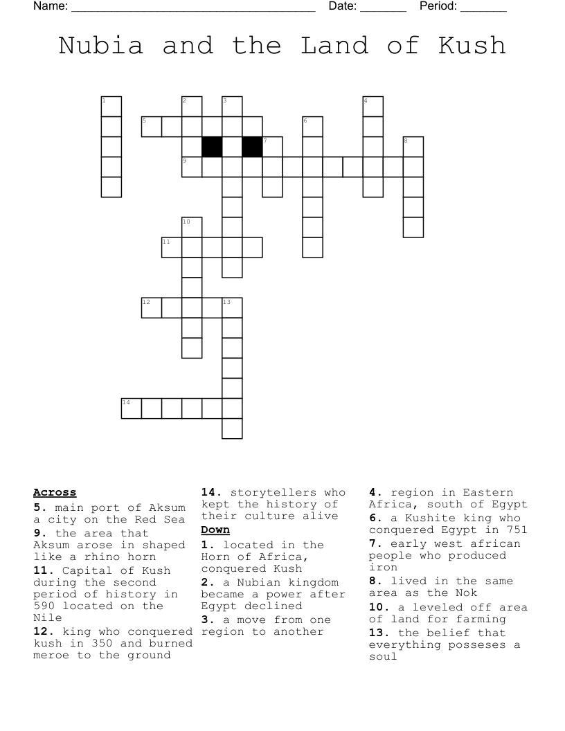 Nubia and the Land of Kush Crossword