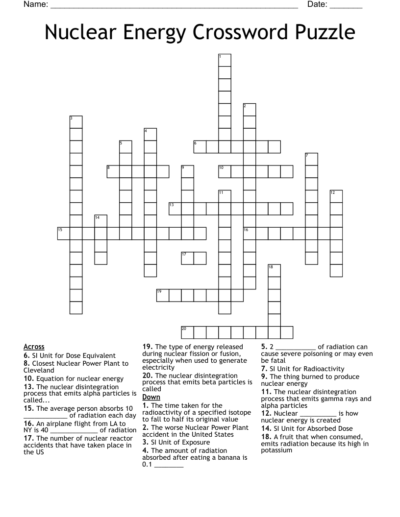 Nuclear Energy Crossword Puzzle 