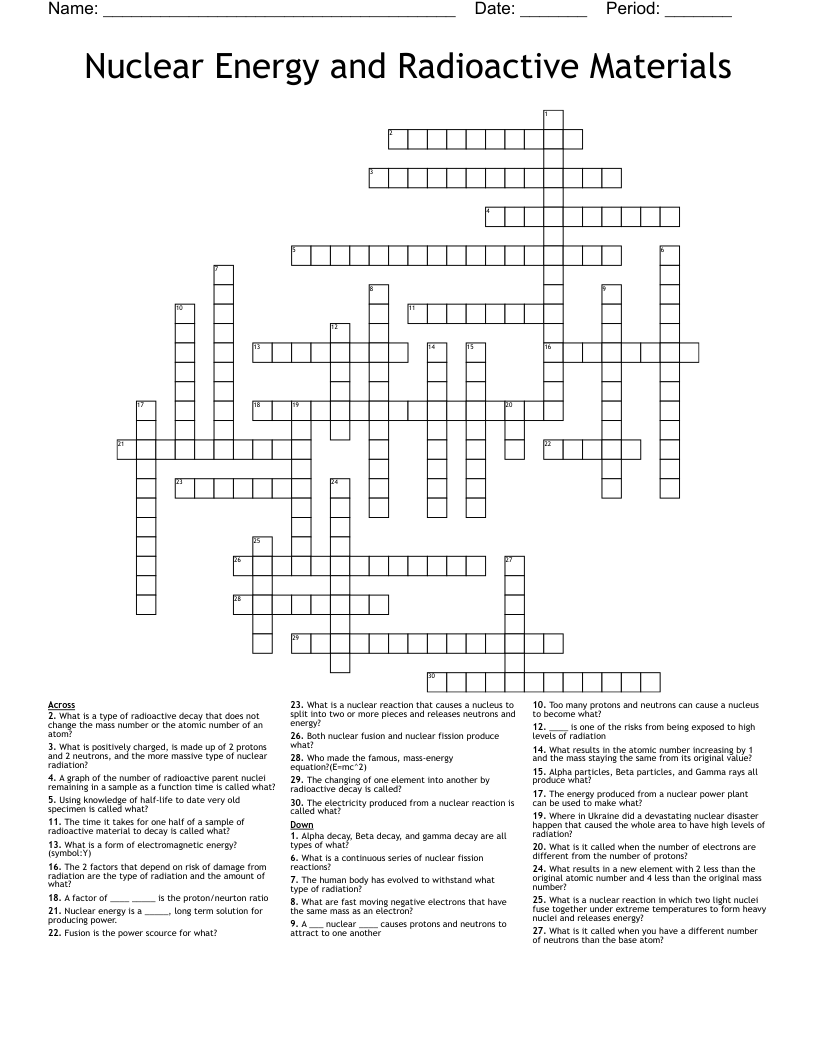 Nuclear Energy and Radioactive Materials Crossword