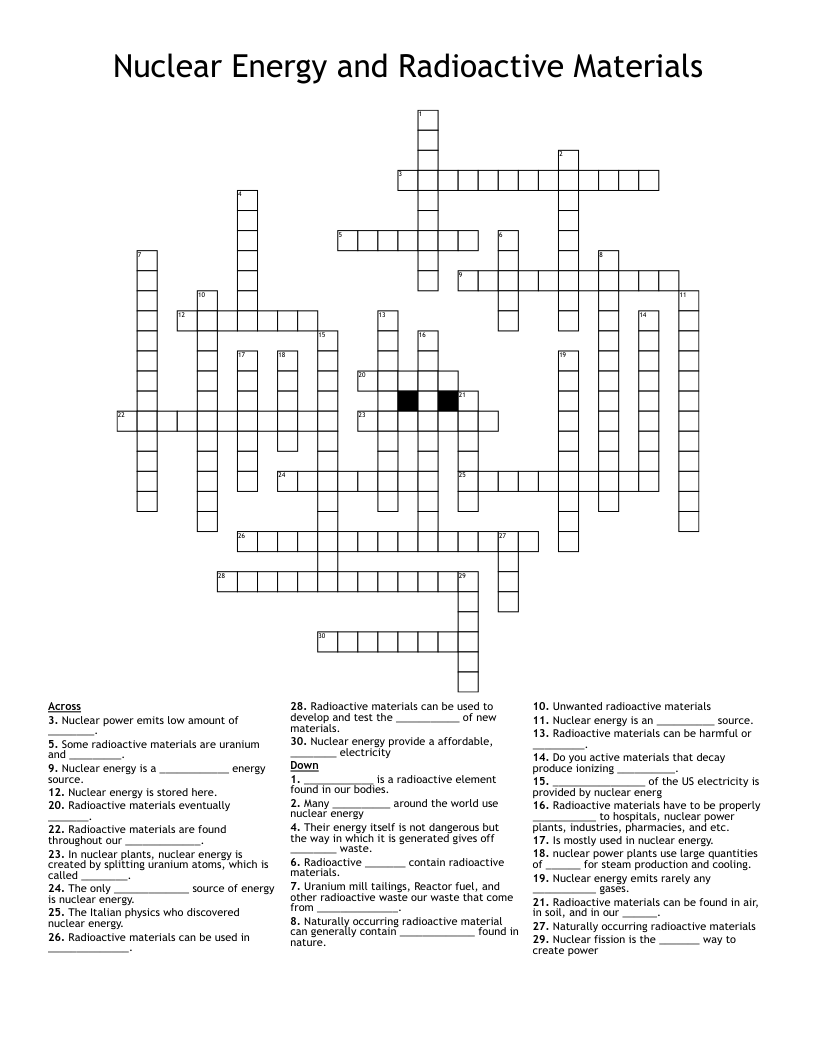 Nuclear Energy and Radioactive Materials       Crossword
