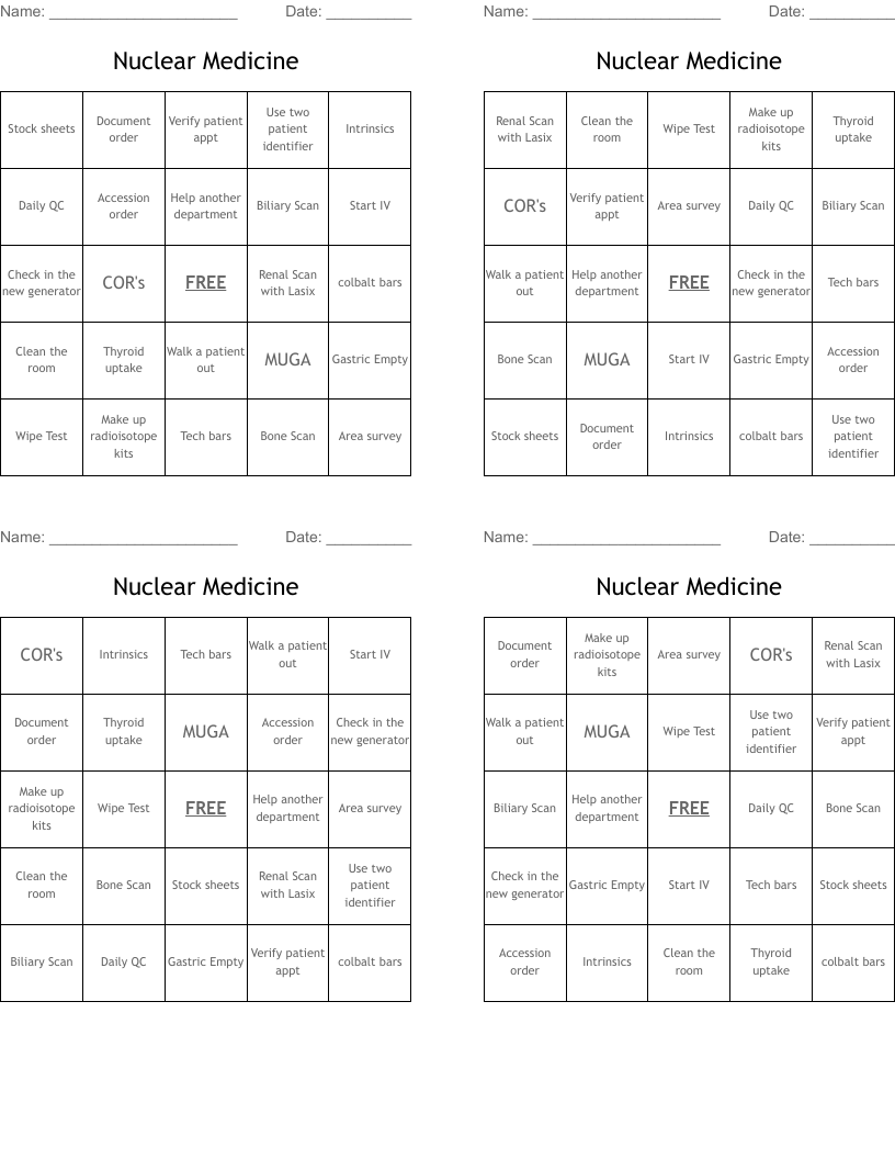 Nuclear Medicine Bingo Cards